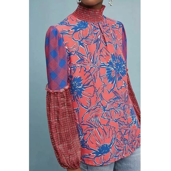 Anthropologie Tops - Anthropologie Blank London Mock Neck Floral Puff Sleeve Floral Top Red XS